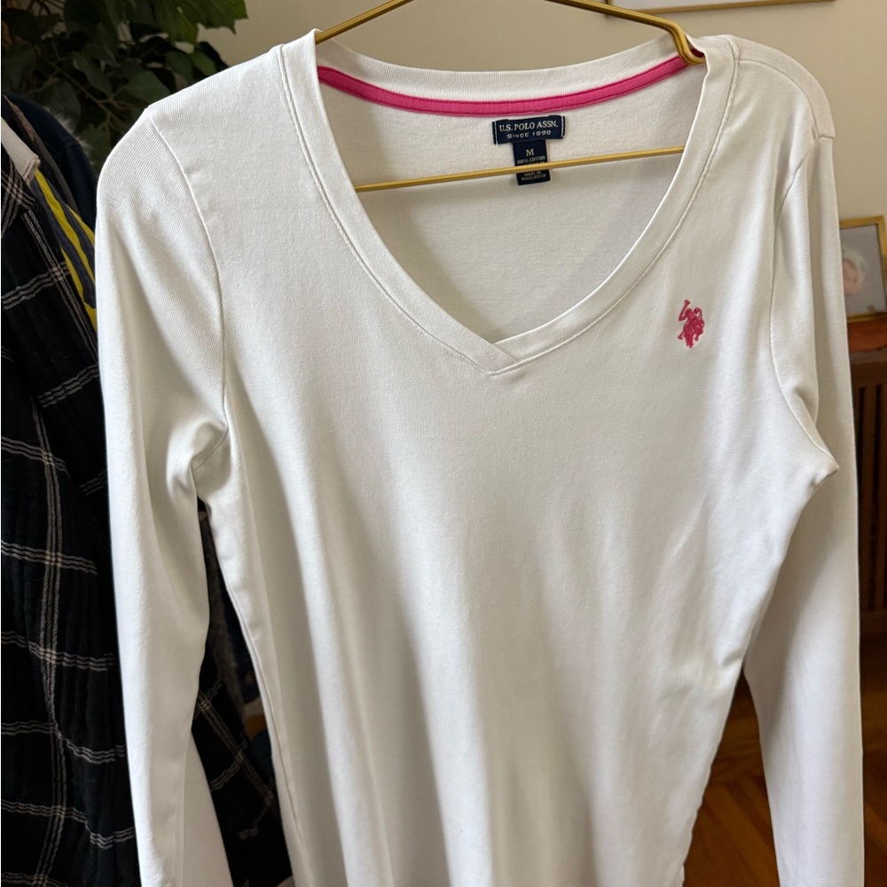 U.S. Polo Assn. White Long Sleeve V-Neck with Pink Logo